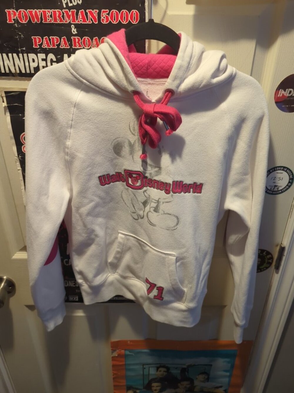 Disney World Parks Women Sweatshirt Sz S White And Pink Hoodie Silver Mickey